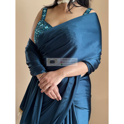 Midnight Blue Satin Silk Saree With Handmade Tassels On Pallu kreationbykj