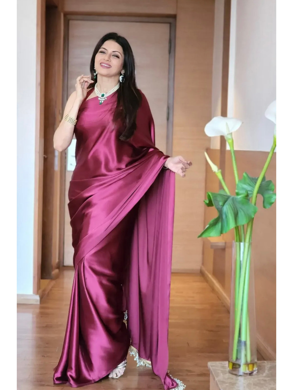 Bhagyashree in Cherry wine satin silk saree with handmade tassels on pallu