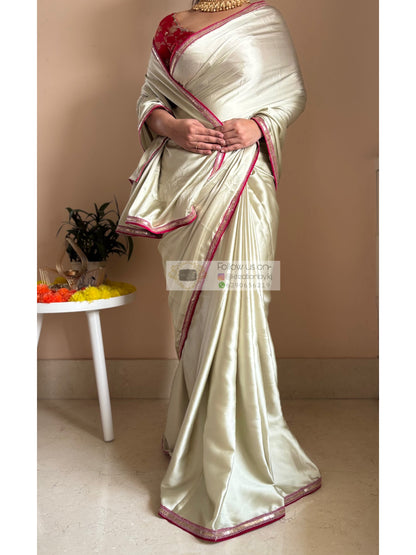 Cream with Green Hues Satin Silk Saree