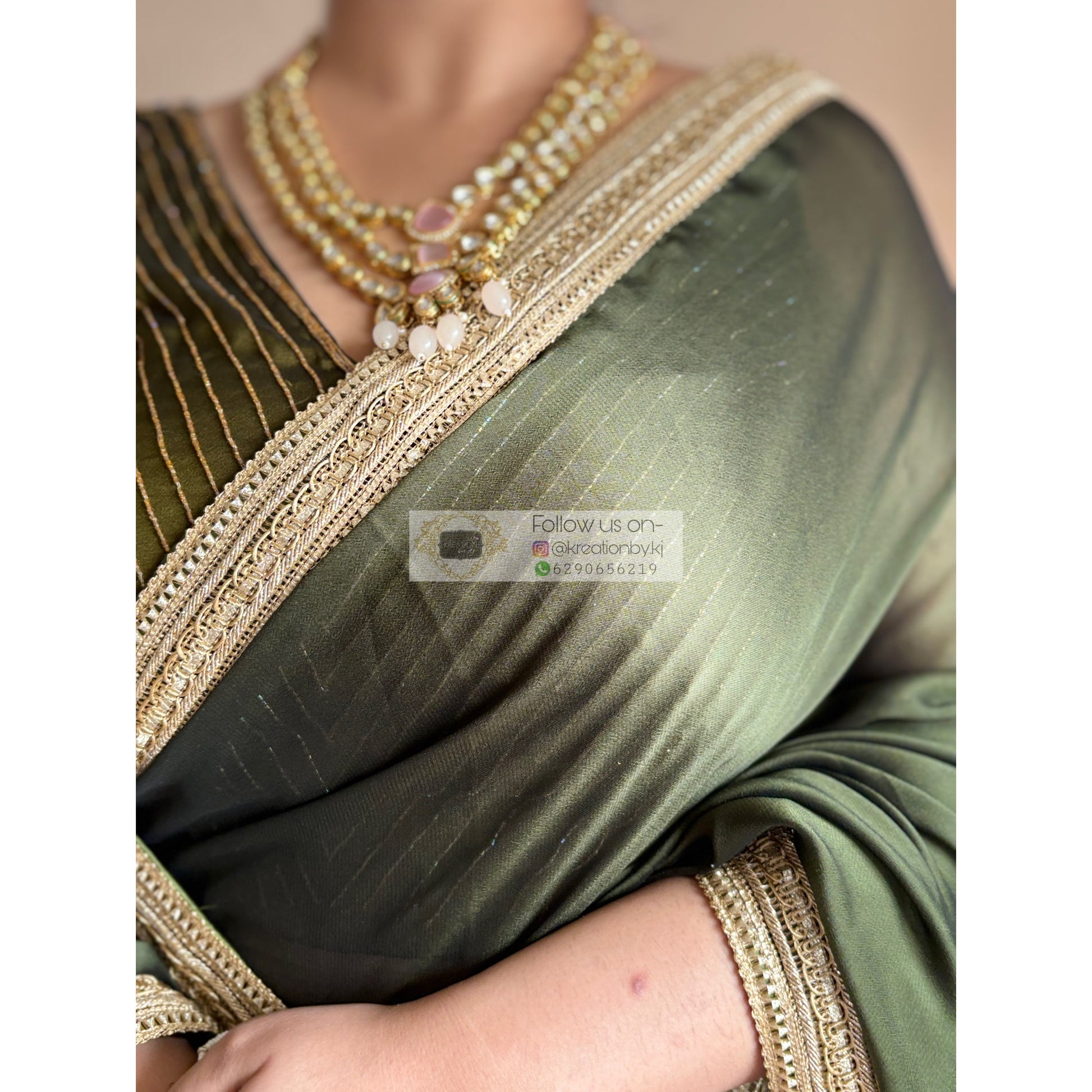 Olive Green Georgette Saree with Golden Border Kreation by KJ