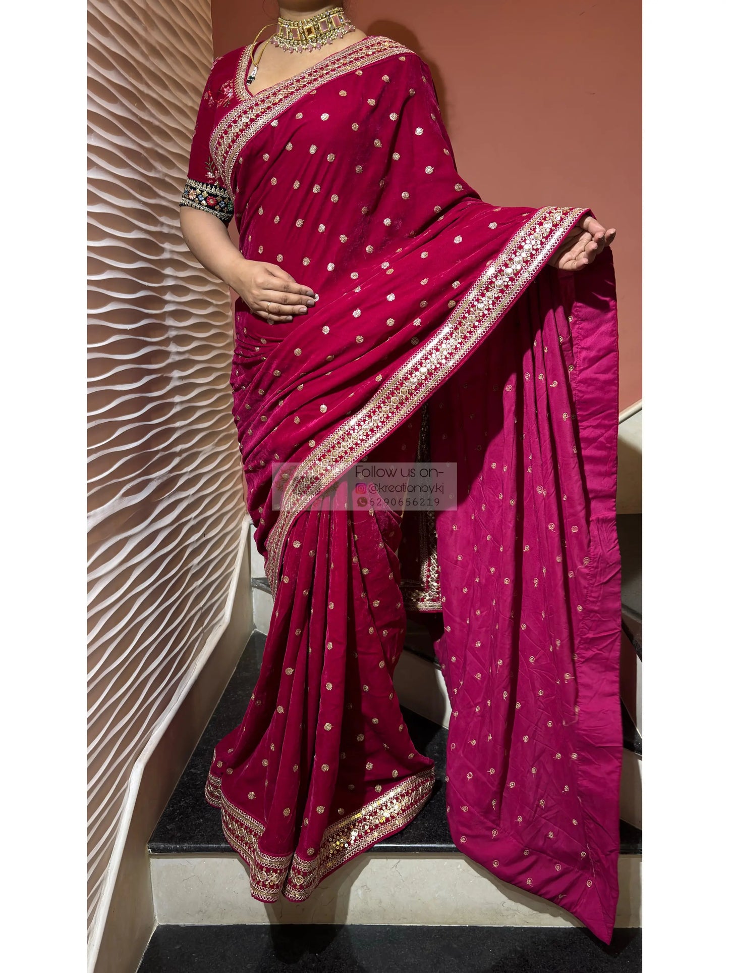 Royal Magenta Pink Velvet Saree Kreation by KJ