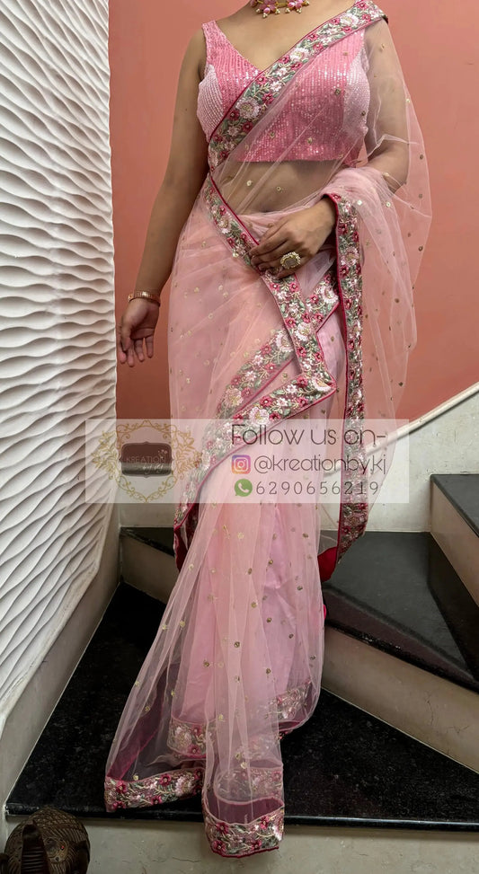Pink Net Saree with Floral Border kreationbykj