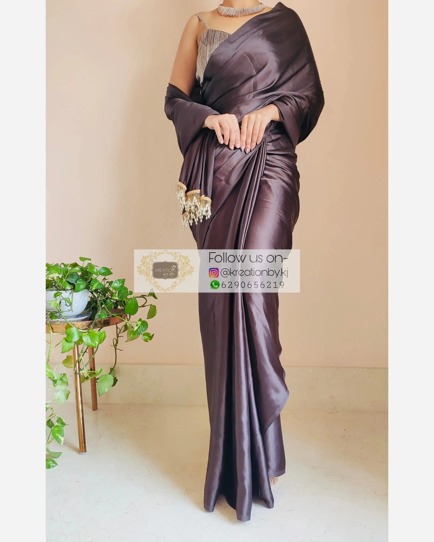 Coffee Brown Satin Silk One Minute Saree kreationbykj.in