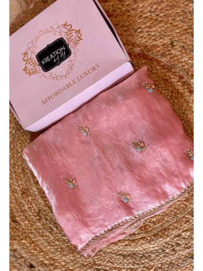 Blush Pink Shimmer Satin Saree with Floral Motifs