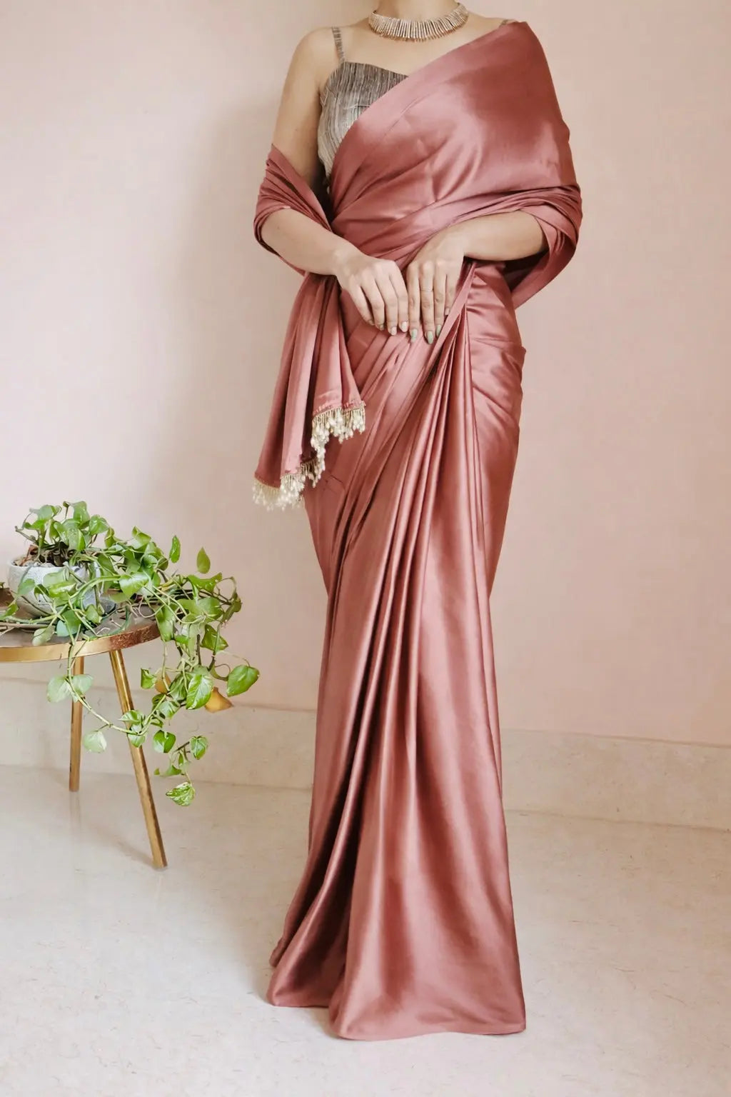 Dusty Rose Satin Silk One Minute Saree kreationbykj.in