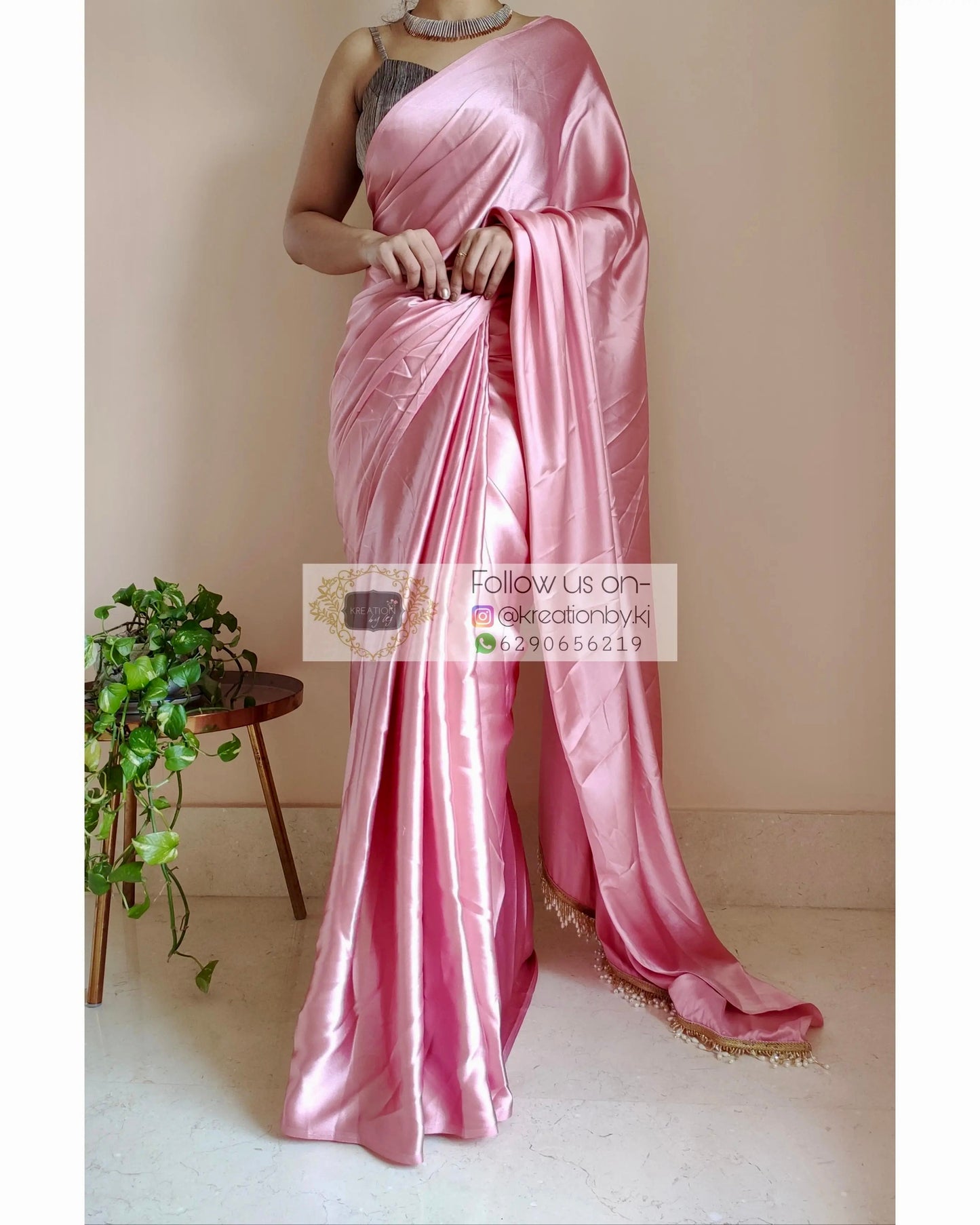 Old Rose Satin Silk Saree With Handmade Tassels On Pallu