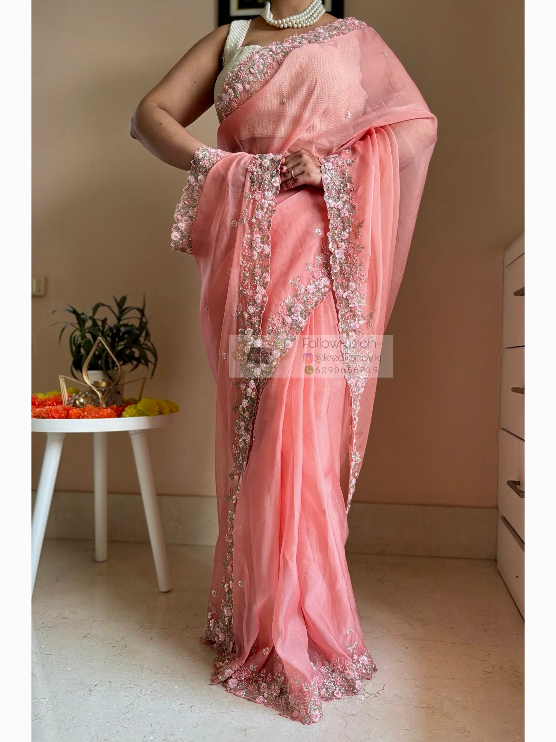 Peach Floral Haze Organza Saree Kreation by KJ