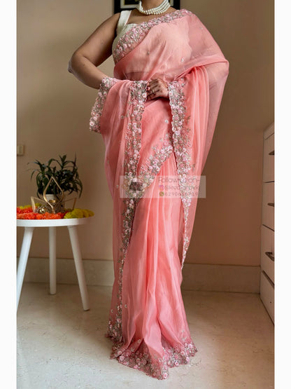 Peach Floral Haze Organza Saree Kreation by KJ