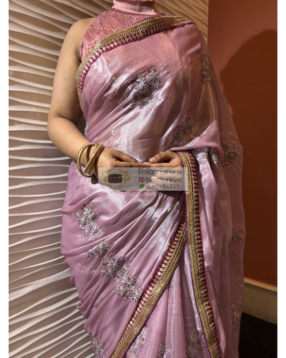 Lilac Metallic Organza Saree With Embellished Border kreationbykj