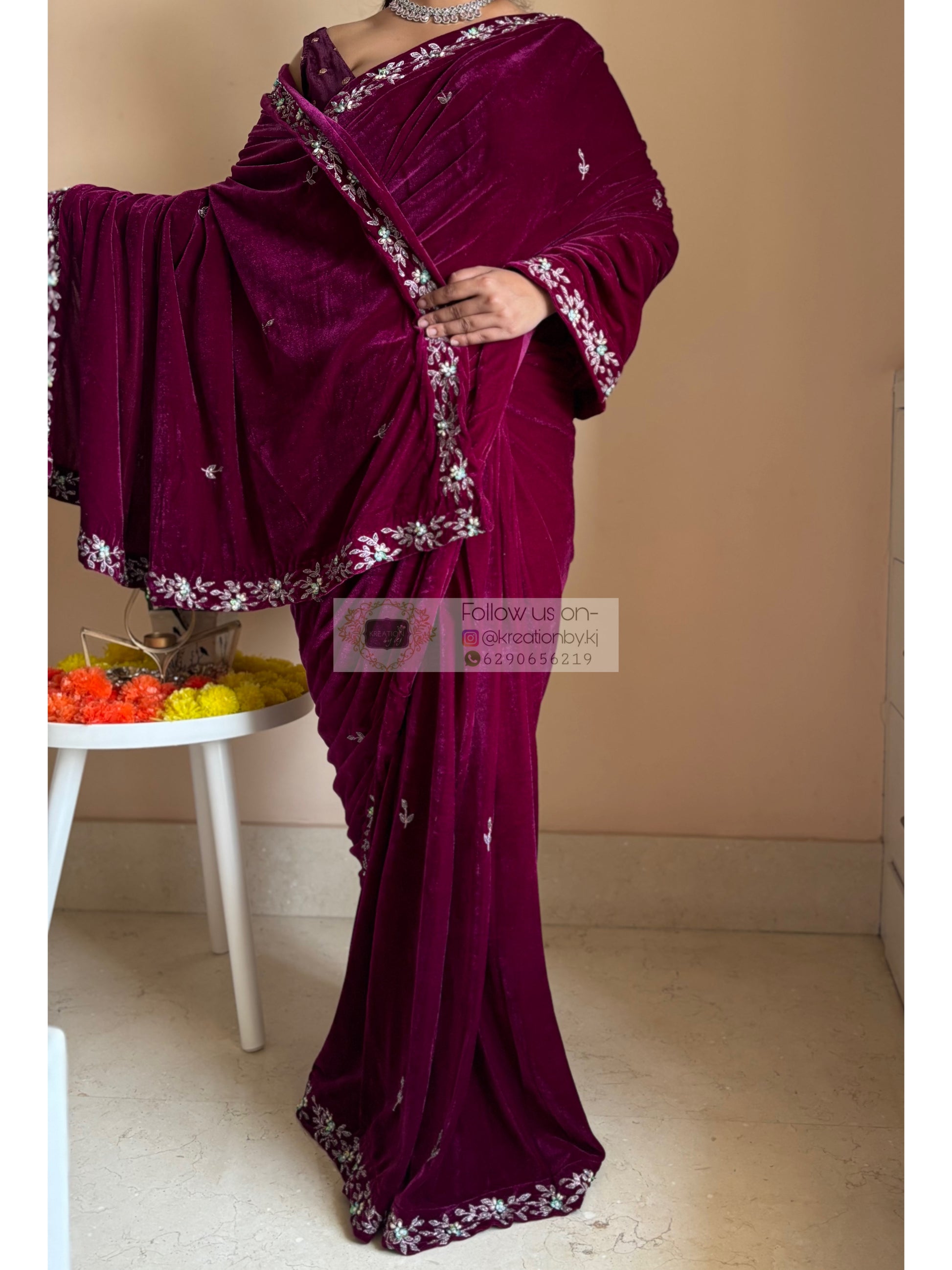 wine velvet saree with floral embroidery