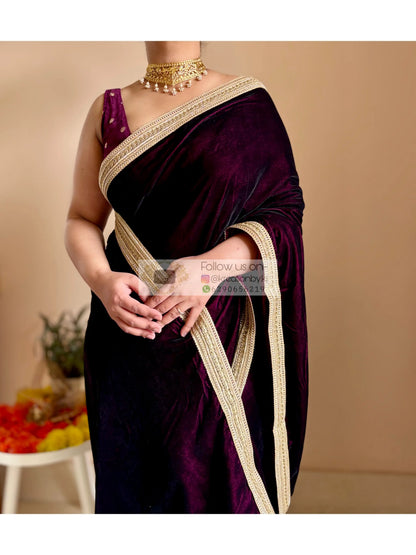 Dark Wine Velvet Saree with Golden Border kreationbykj