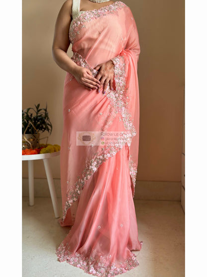 Peach Floral Haze Organza Saree Kreation by KJ