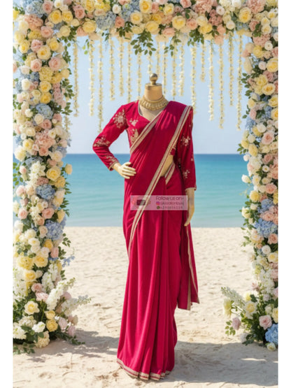 Rani Pink Velvet Banno Saree kreationbykj