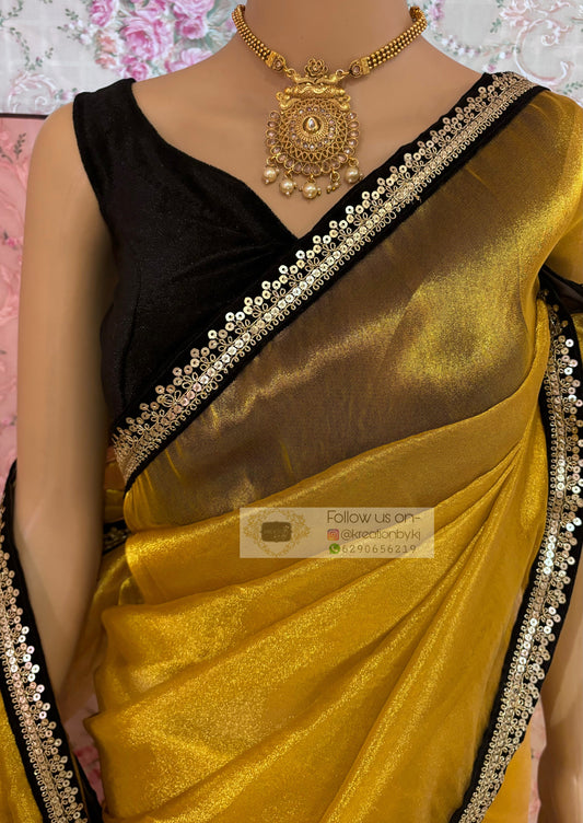 Golden Yellow Zari Tissue Cocktail Saree kreationbykj