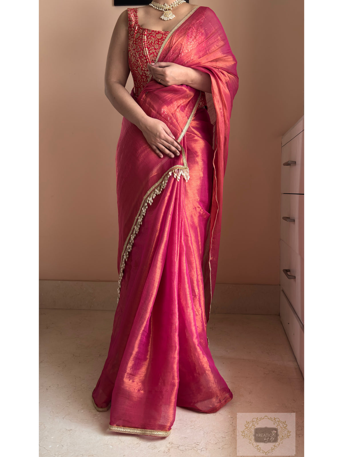 Raspberry Pink Cotton Tissue Saree With Cutdana Tassels on Pallu