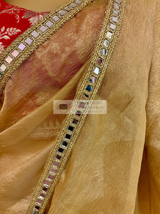 Golden Beige Tissue Saree with Mirror Border kreationbykj