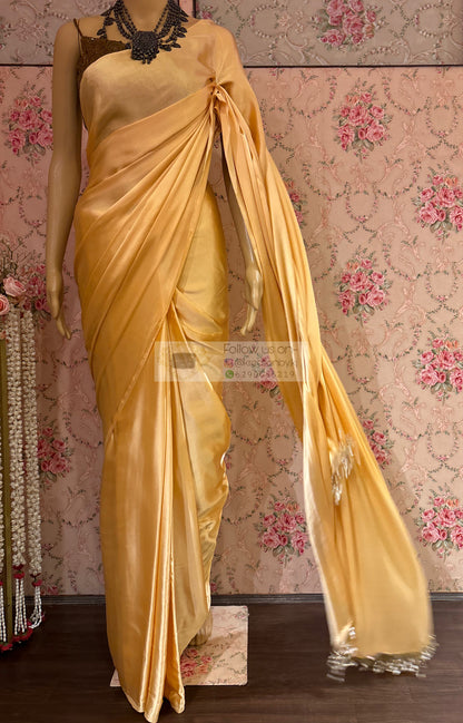 Tuscany Beige Satin Silk Saree with Handmade Tassels on Pallu