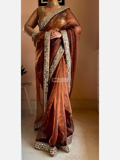 Copper Brown Glass Tissue Saree With Real Cut Mirror Border Kreation by KJ