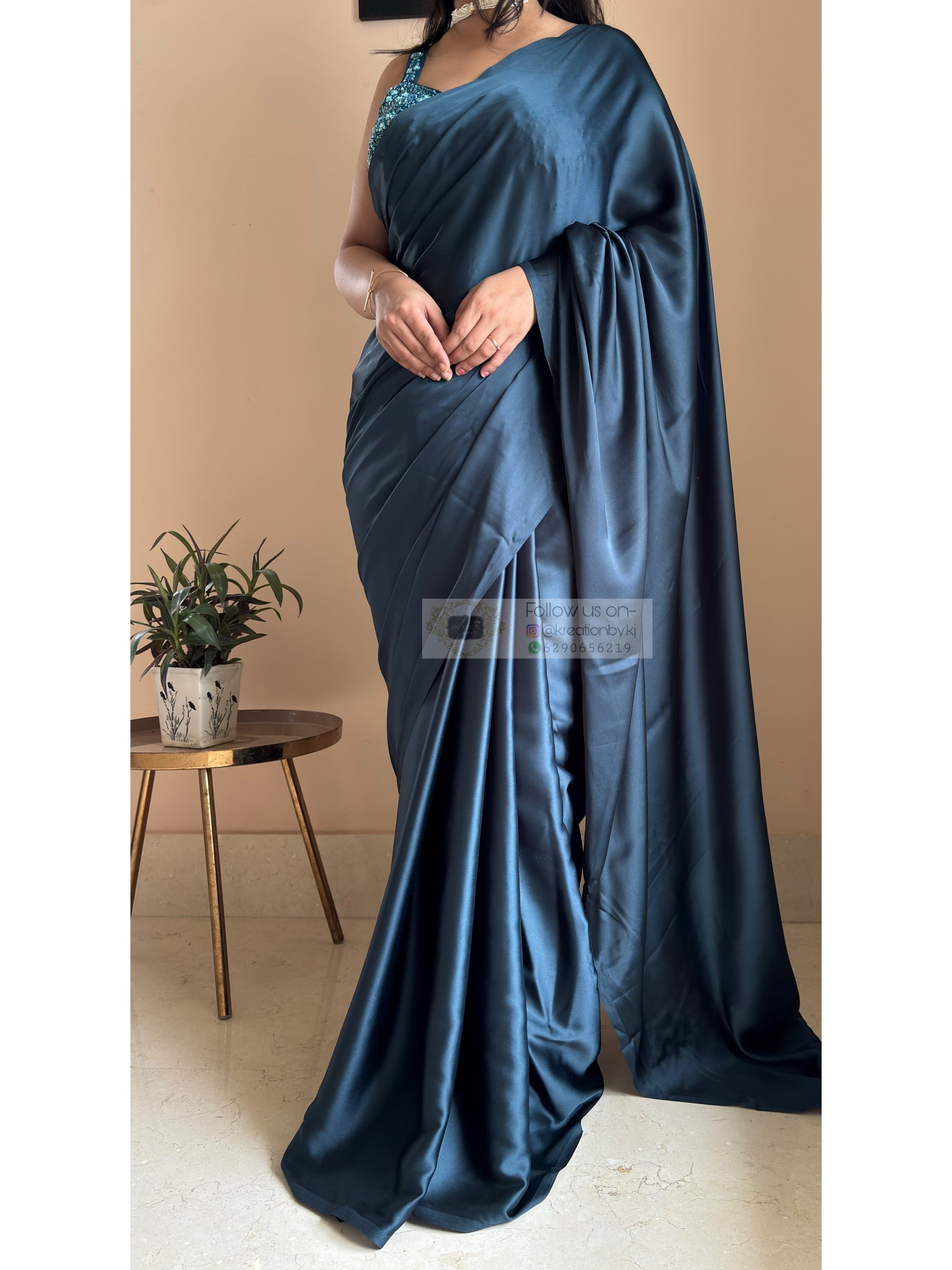Midnight Blue Satin Silk Saree With Handmade Tassels On Pallu kreationbykj