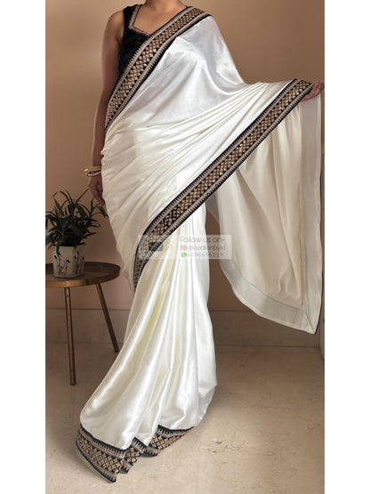 Cream Satin Silk Saree with Black Border Party Wear - kreationbykj