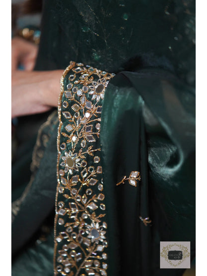 Bottle Green Shimmer Satin Sheesh Mahal Saree