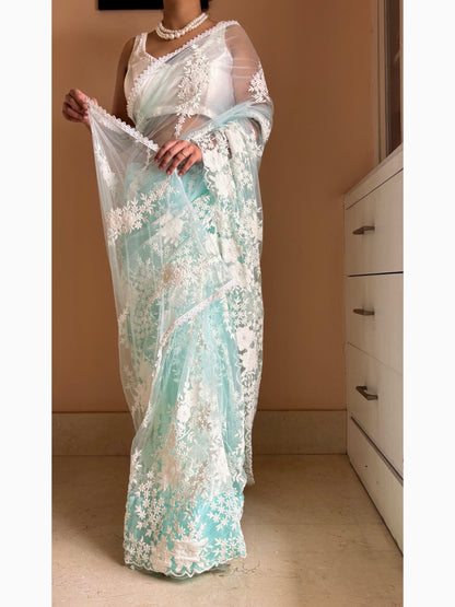 Seafoam Bloom Embellished Net Saree