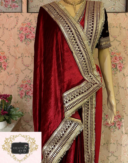 Maroon Velvet Banno Saree