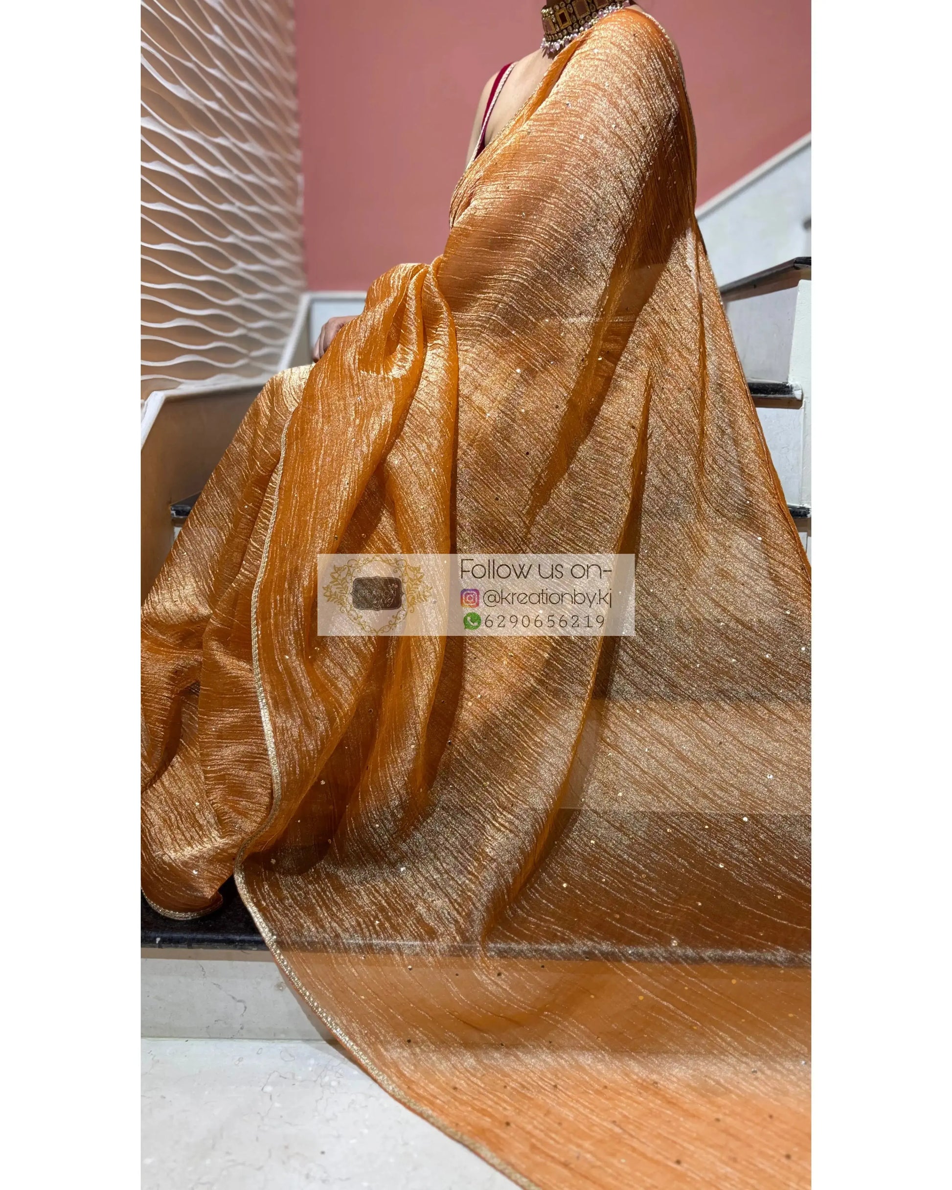 Burnt Orange Pure Tissue Saree with Mukaish Work Kreation by KJ