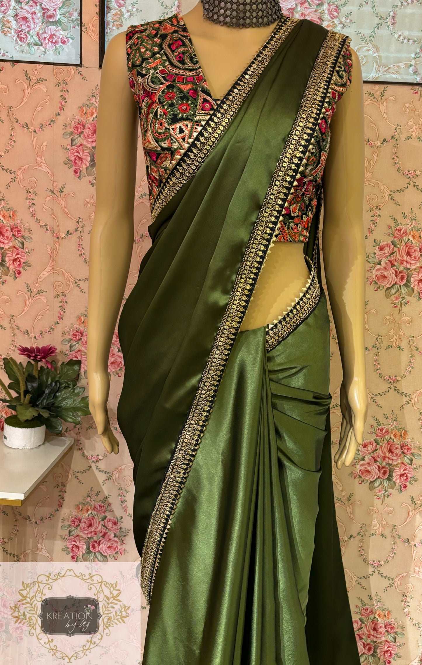 Olive Green Satin Silk Saree with Black Border