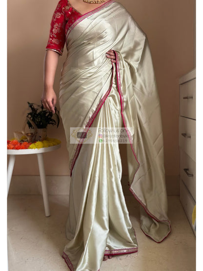 Cream with Green Hues Satin Silk Saree