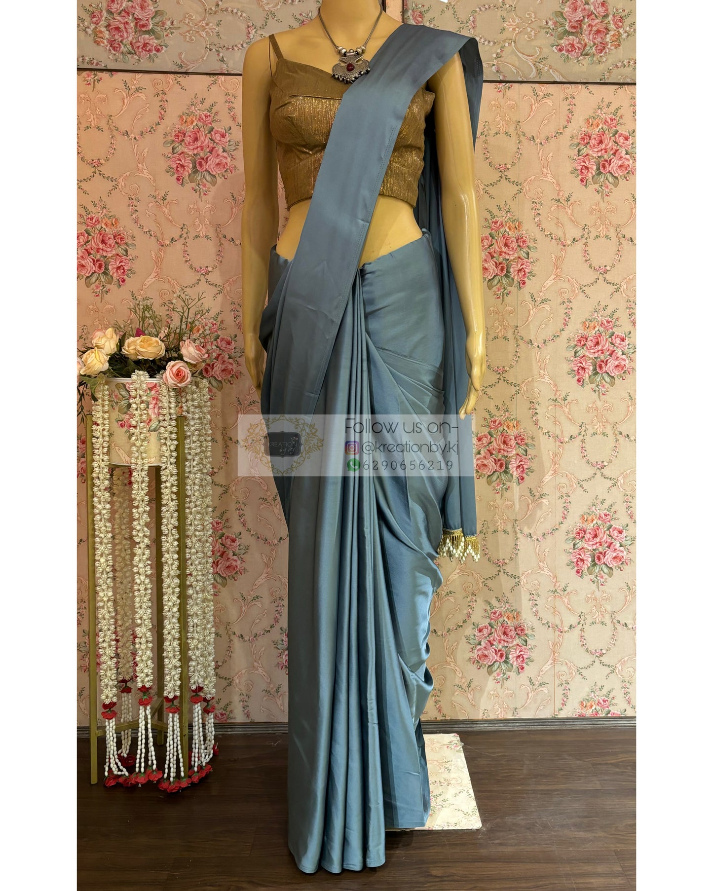 Slate Grey Satin Silk Saree with Handmade Tassels on Pallu