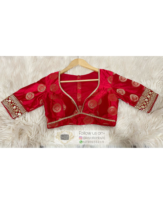 Red Brocade Plunging Blouse