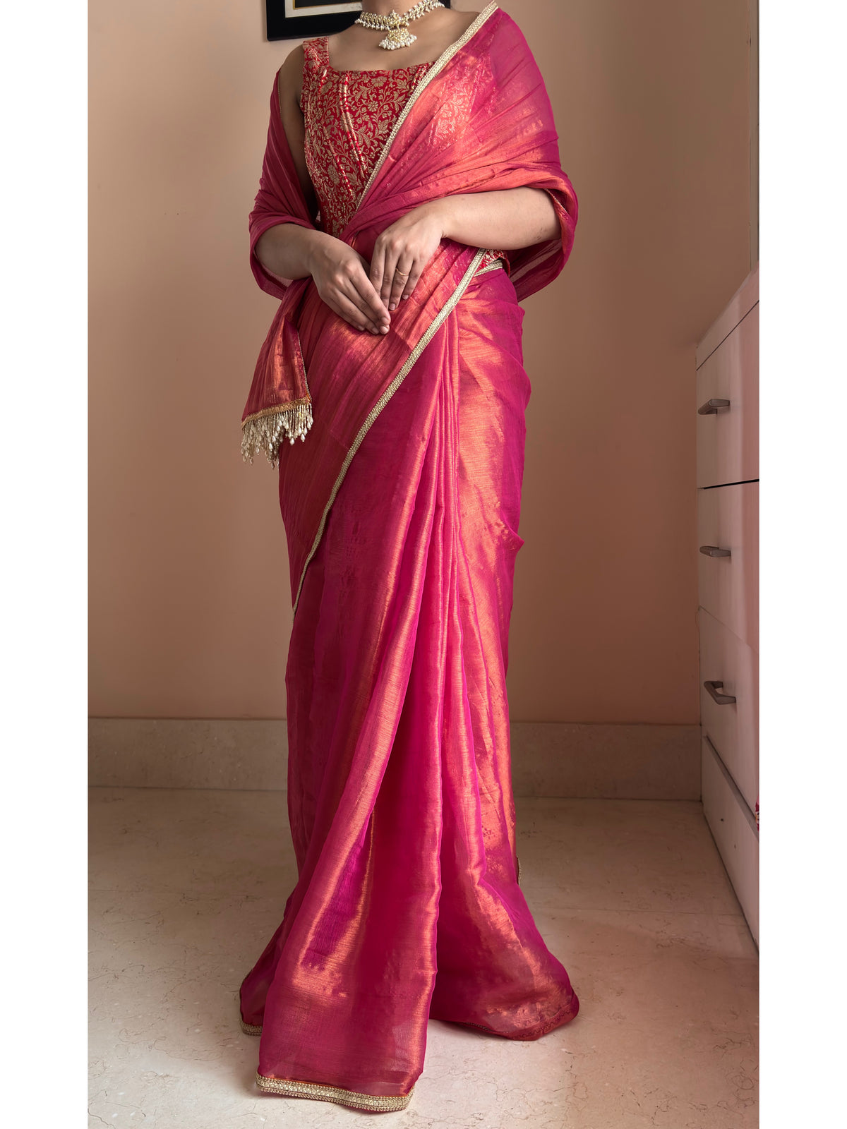 Raspberry Pink Cotton Tissue Saree With Cutdana Tassels on Pallu