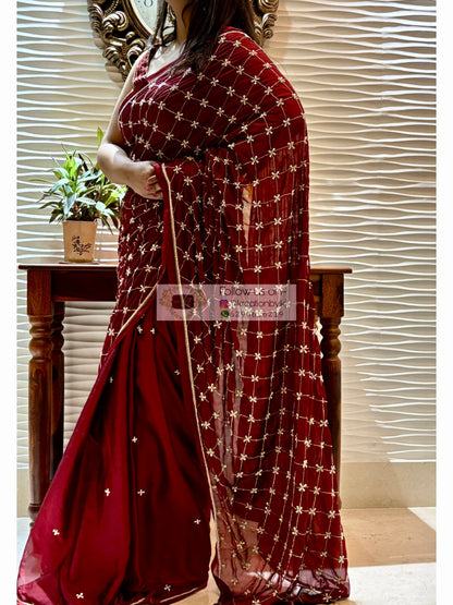 Maroon Georgette Cutdana Jaal Saree kreationbykj