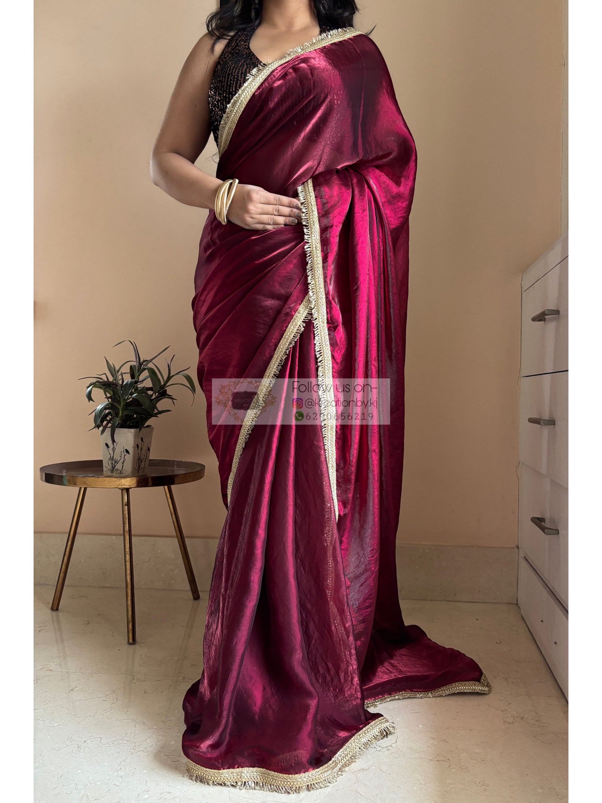 Cheery Wine Metallic Shimmer satin Banno Saree kreationbykj