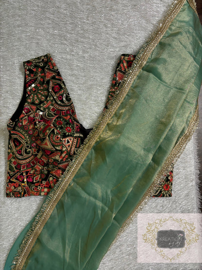 Pastel Green Shimmer Banno Saree