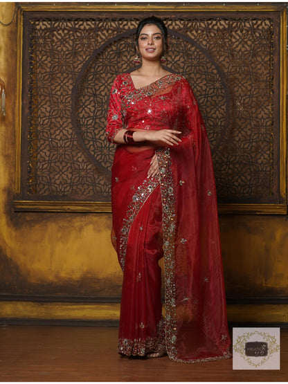 Red Glass Tissue Sheesh Mahal Saree