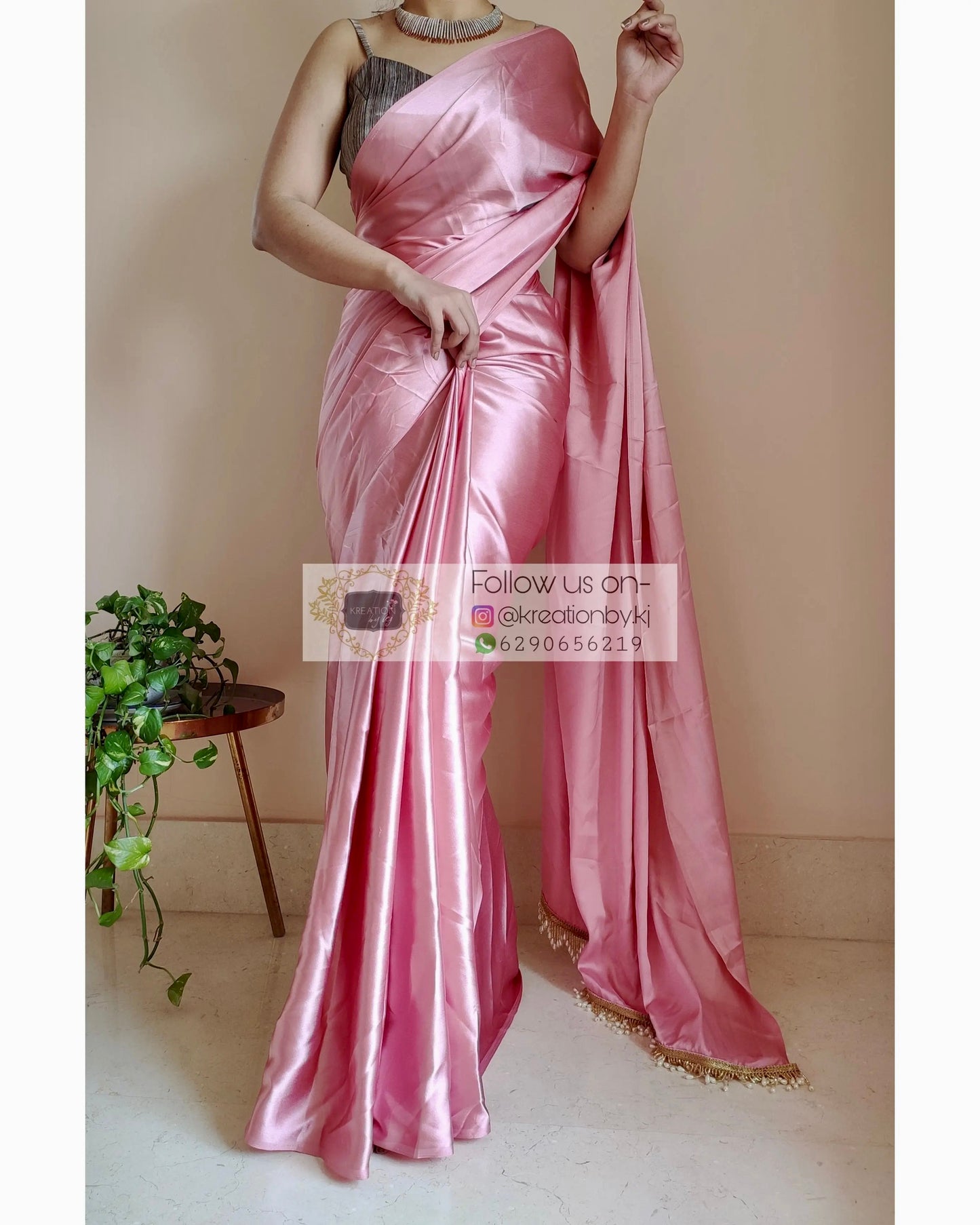 Old Rose Satin Silk Saree With Handmade Tassels On Pallu