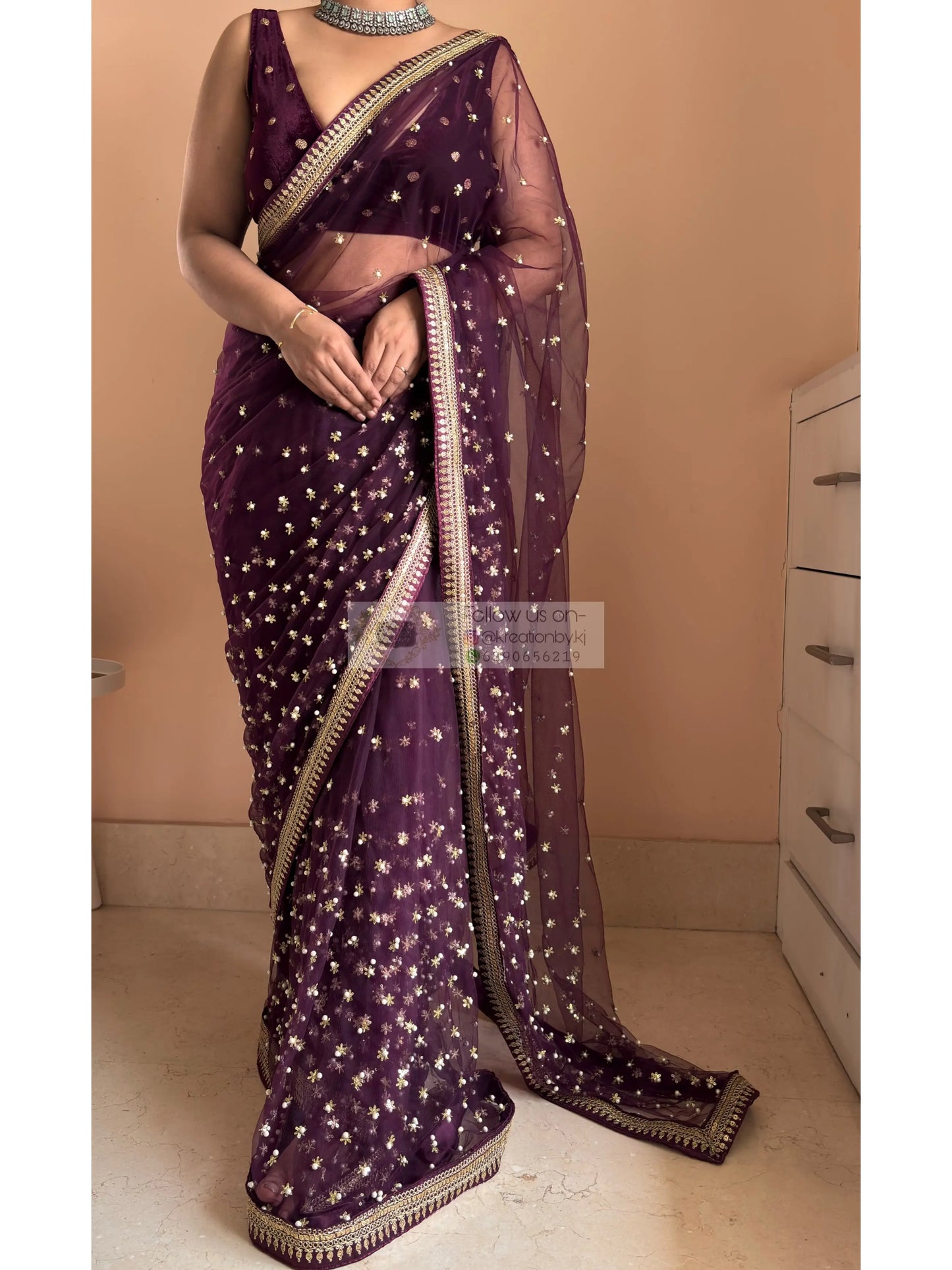 Wine Embellished Net Saree Kreation by KJ