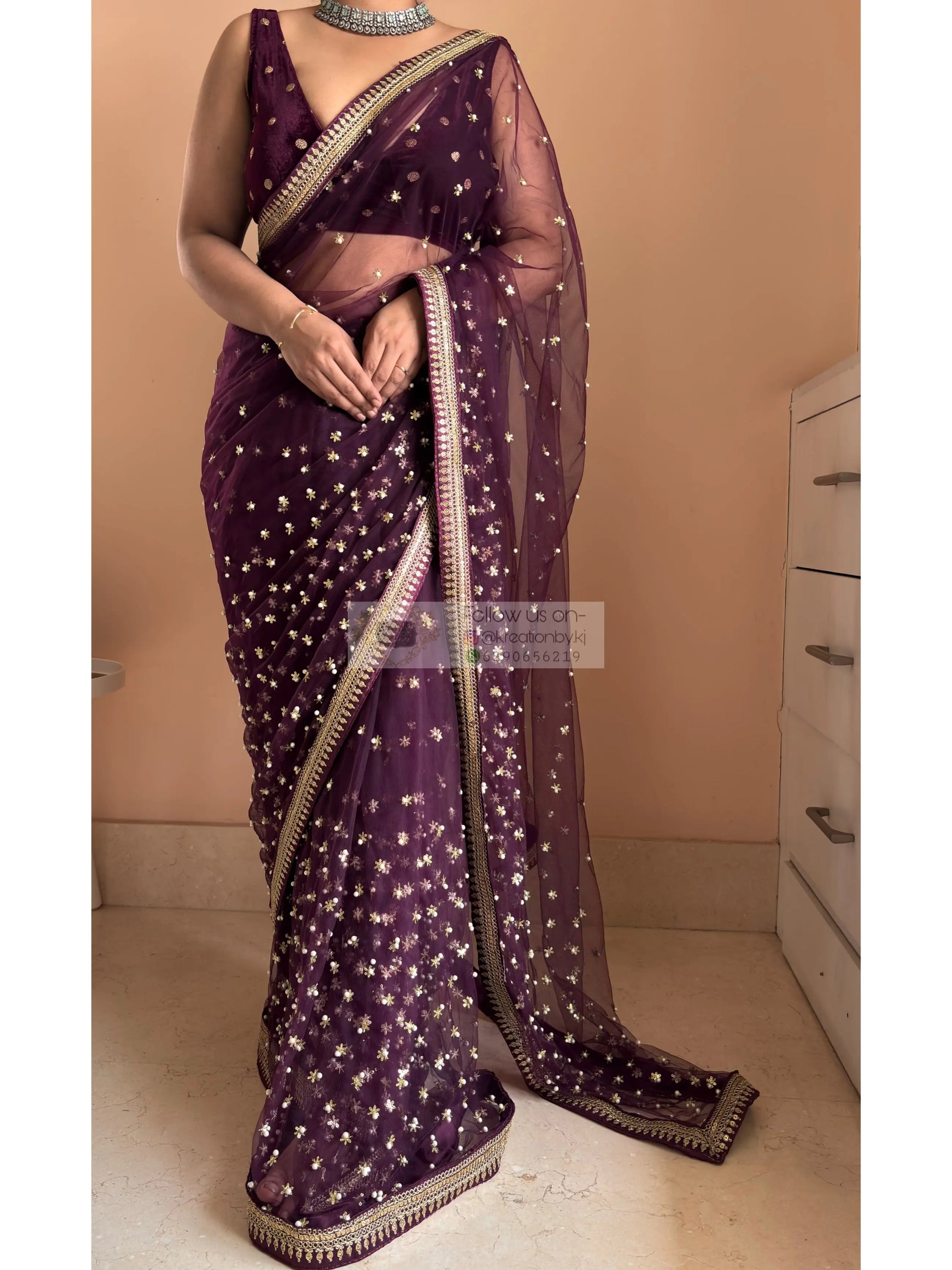 Wine Embellished Net Saree Kreation by KJ