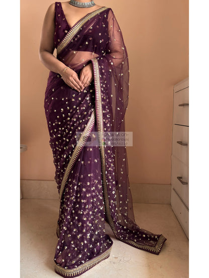 Wine Embellished Net Saree Kreation by KJ