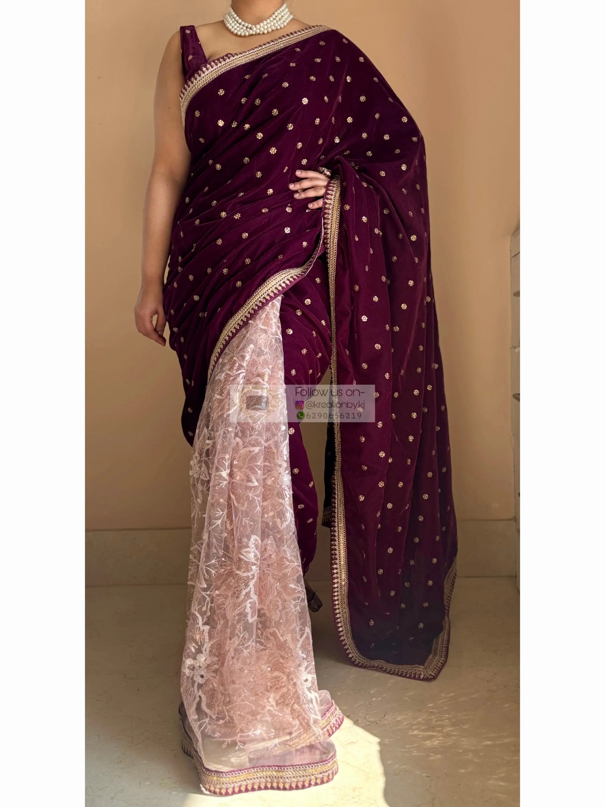 Purple Wine Velvet And Net Embellished Saree Kreation by KJ