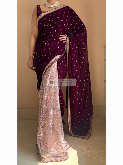 Purple Wine Velvet And Net Embellished Saree Kreation by KJ