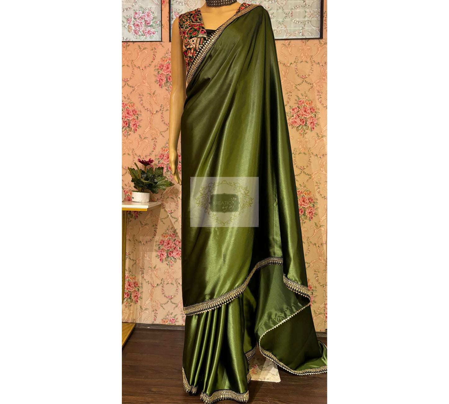 Olive Green Satin Silk Saree with Black Border