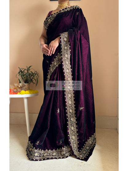 Dark Wine Velvet Zarina Saree Kreation by KJ