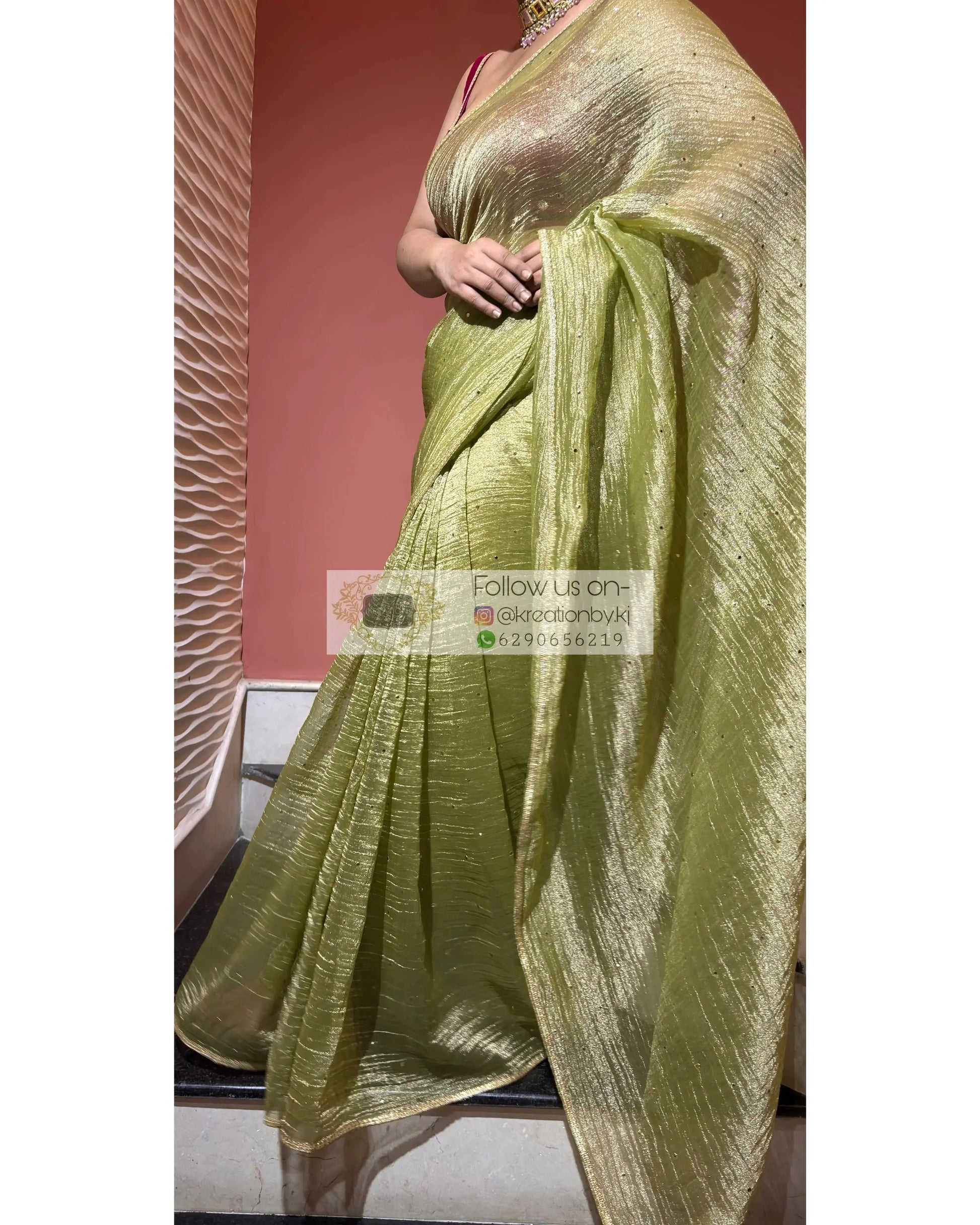 Mint Green Crushed Tissue Saree with Mukaish Work Kreation by KJ
