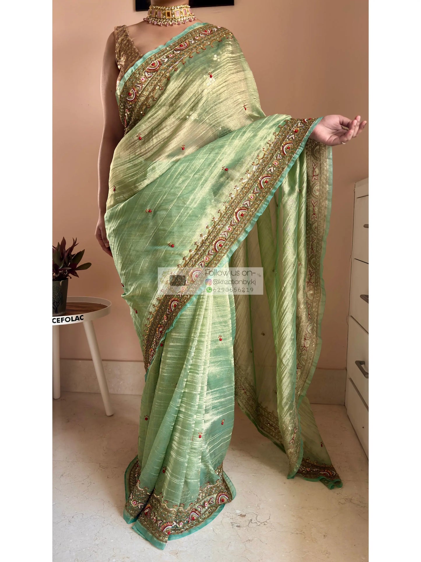 Green Tissue Saree with Hand embroidered Border Kreation by KJ