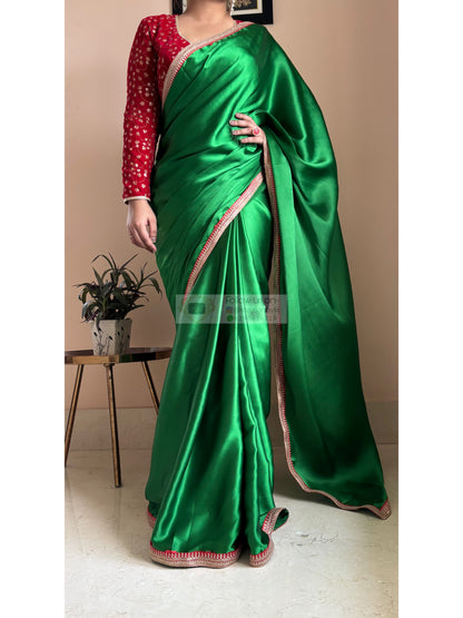 Green Satin Silk Saree with Red Border - kreationbykj