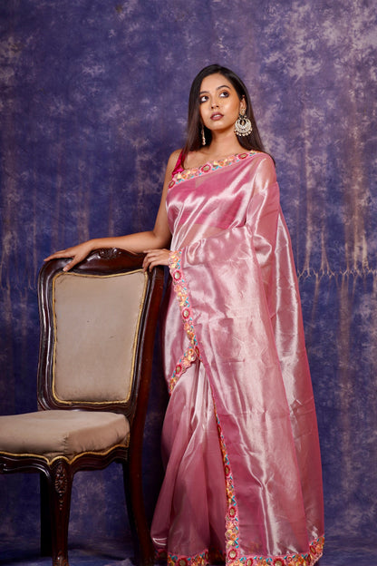 Pink Tissue Floral Border Saree