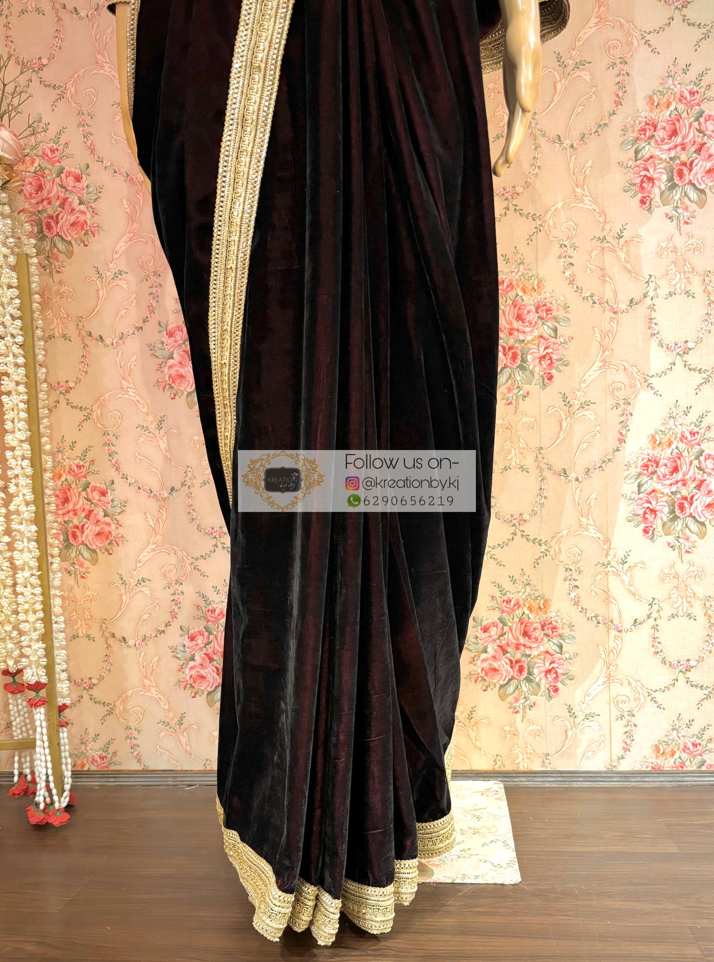 Dark Wine Velvet Saree with Golden Border